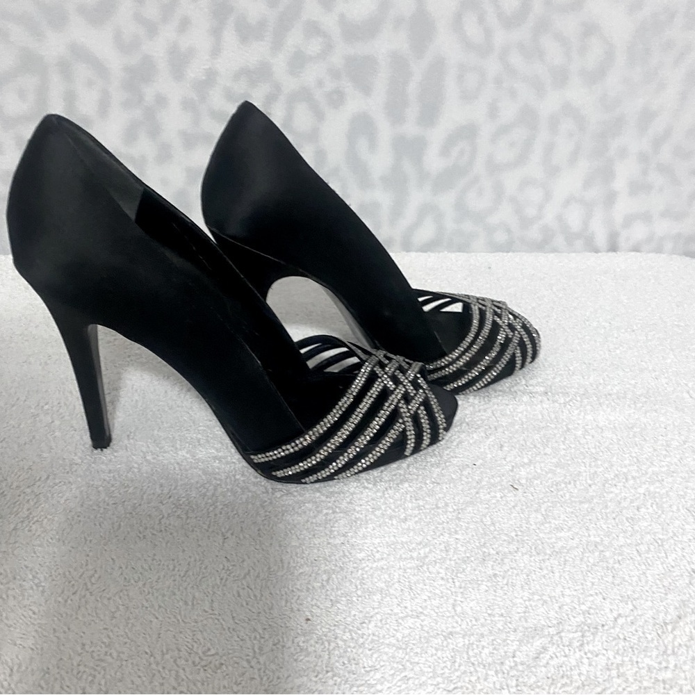 Lauren Ralph Lauren Size 6.5B Black Satin Crystal Balina Open Toe Pumps EUC
